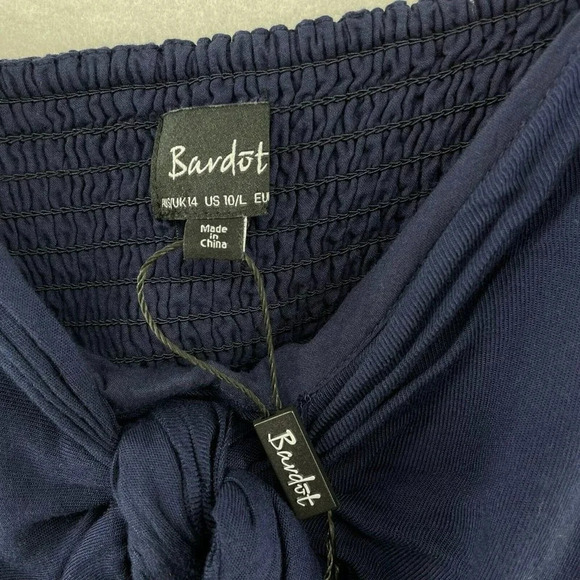 Bardot Maxi Dress Sz Lg 10 Navy Blue Front Tie Cut-Out Spaghetti Strap Stretch - Picture 7 of 8